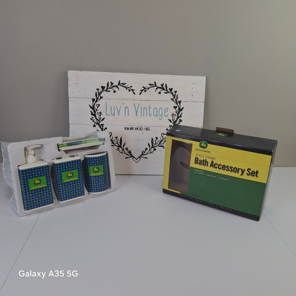 John Deere 4 Piece Ceramic Bath Accessory‎ Set Green Blue Plaid Logo New In Box